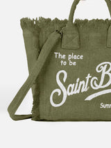 Borsa a mano Colette Linen verde militare con stampa logo Saint Barth