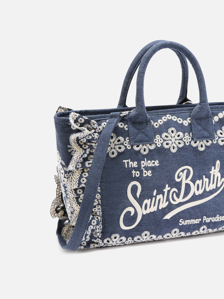 Borsa Colette Volant in denim lavaggio scuro con ricami decorativi
