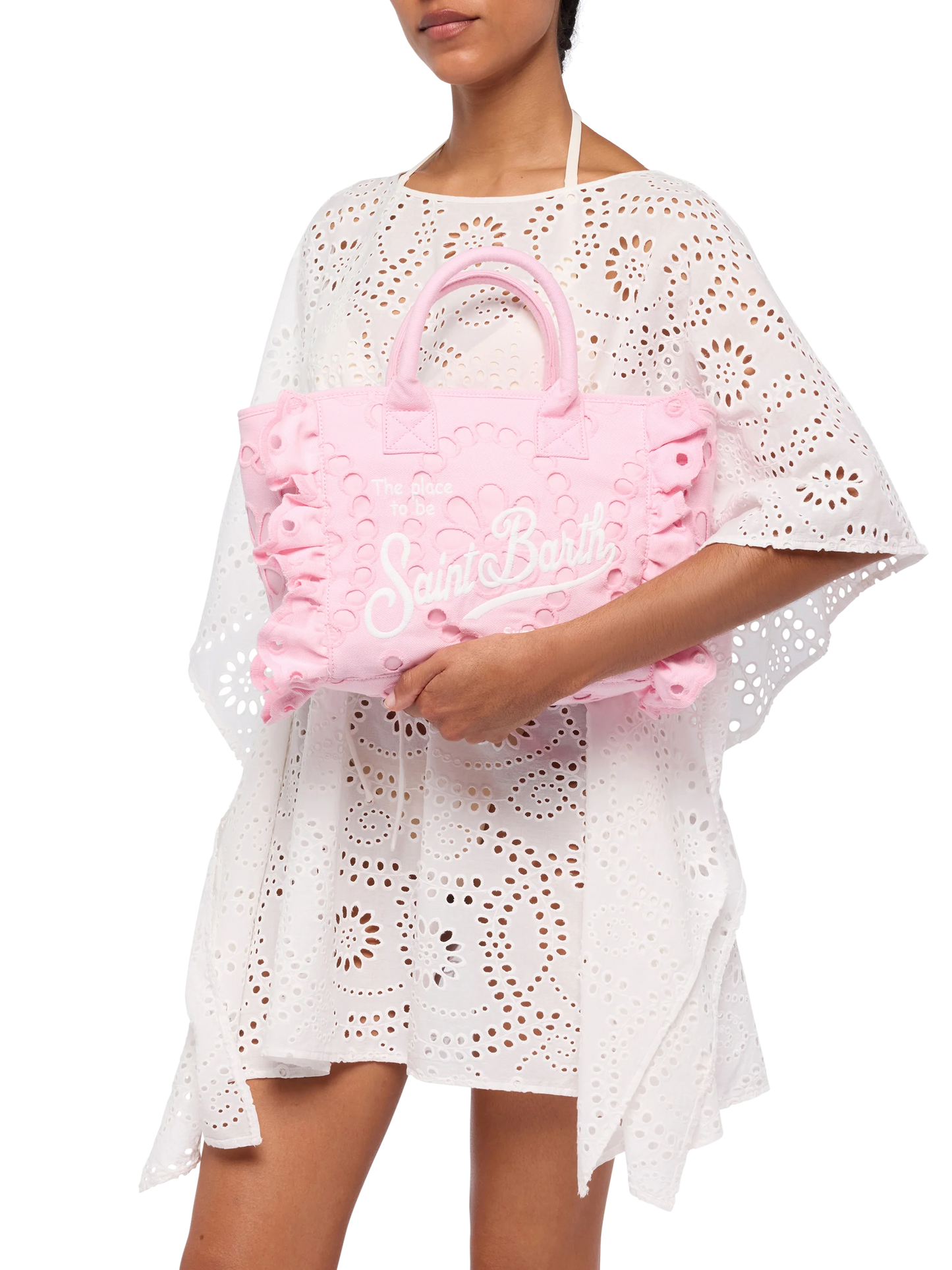 Colette pink handbag in Sangallo cotton lace with flounce