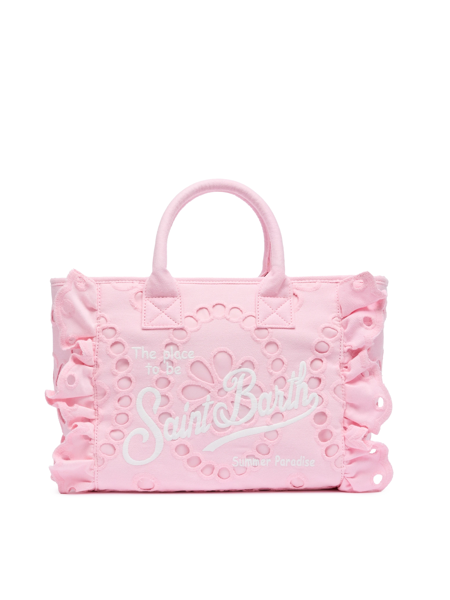 Colette pink handbag in Sangallo cotton lace with flounce