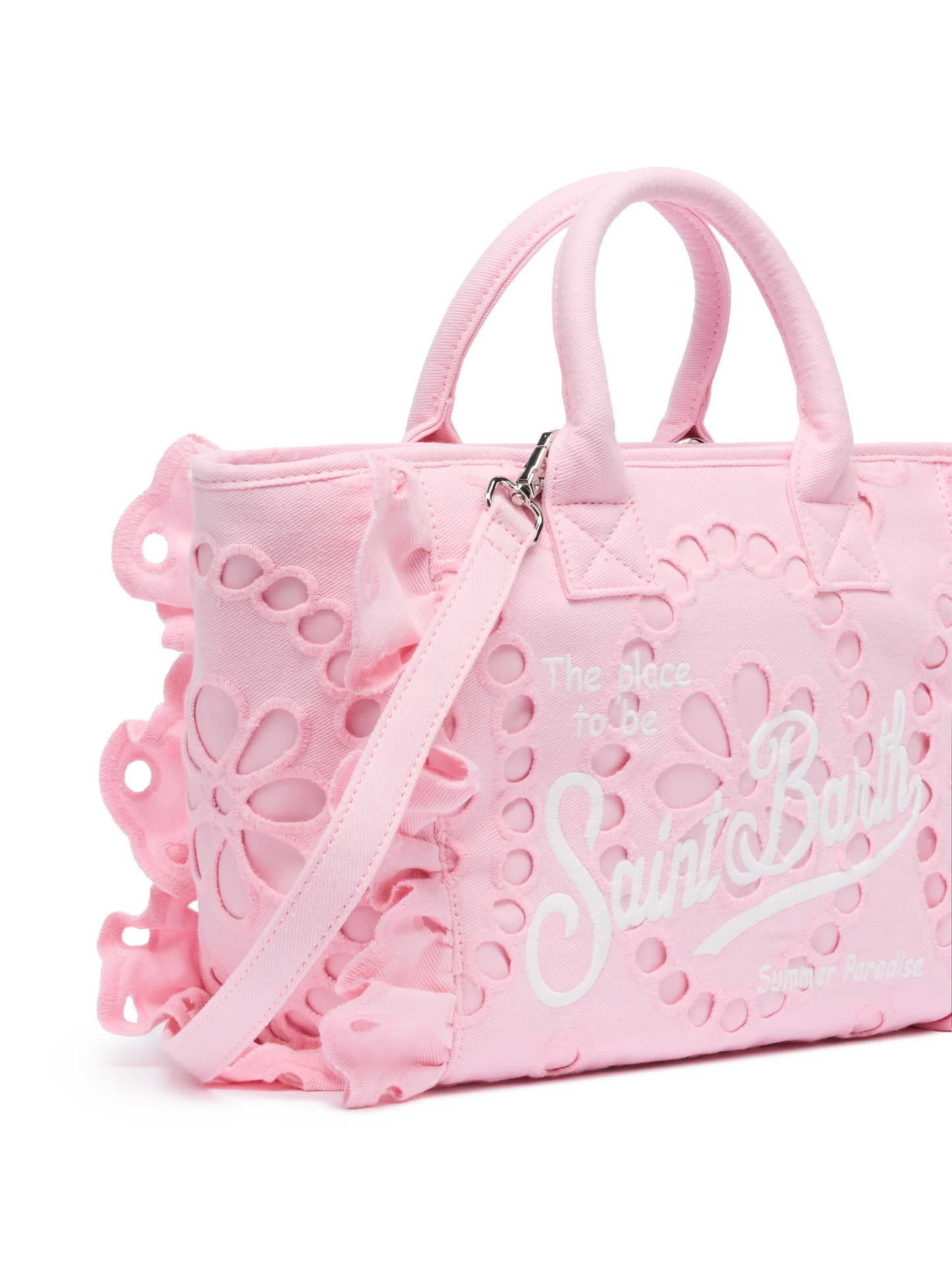 Colette pink handbag in Sangallo cotton lace with flounce