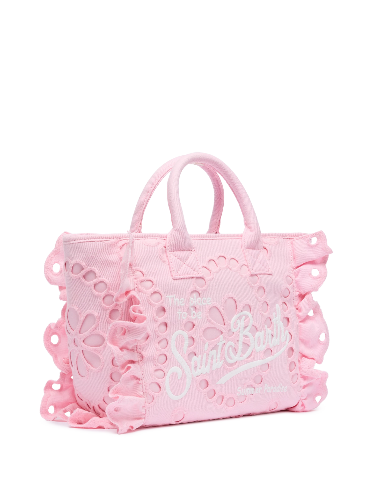 Colette pink handbag in Sangallo cotton lace with flounce