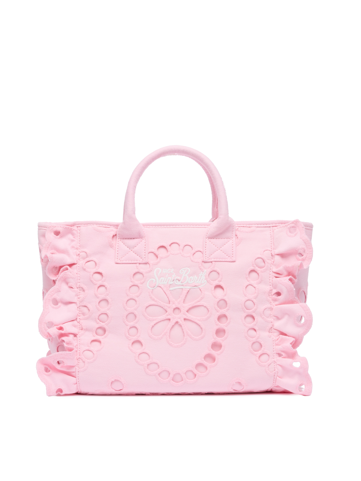 Colette pink handbag in Sangallo cotton lace with flounce