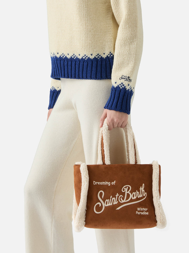 Colette Shearling Handtasche aus kamelfarbenem Wildlederimitat mit Shearling-Details