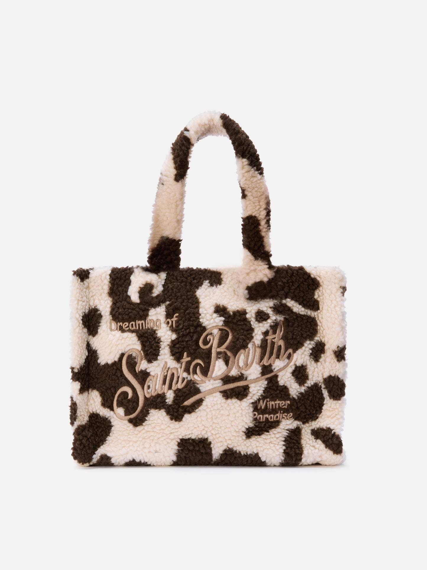 Colette Teddy Handbag in cow-print sherpa