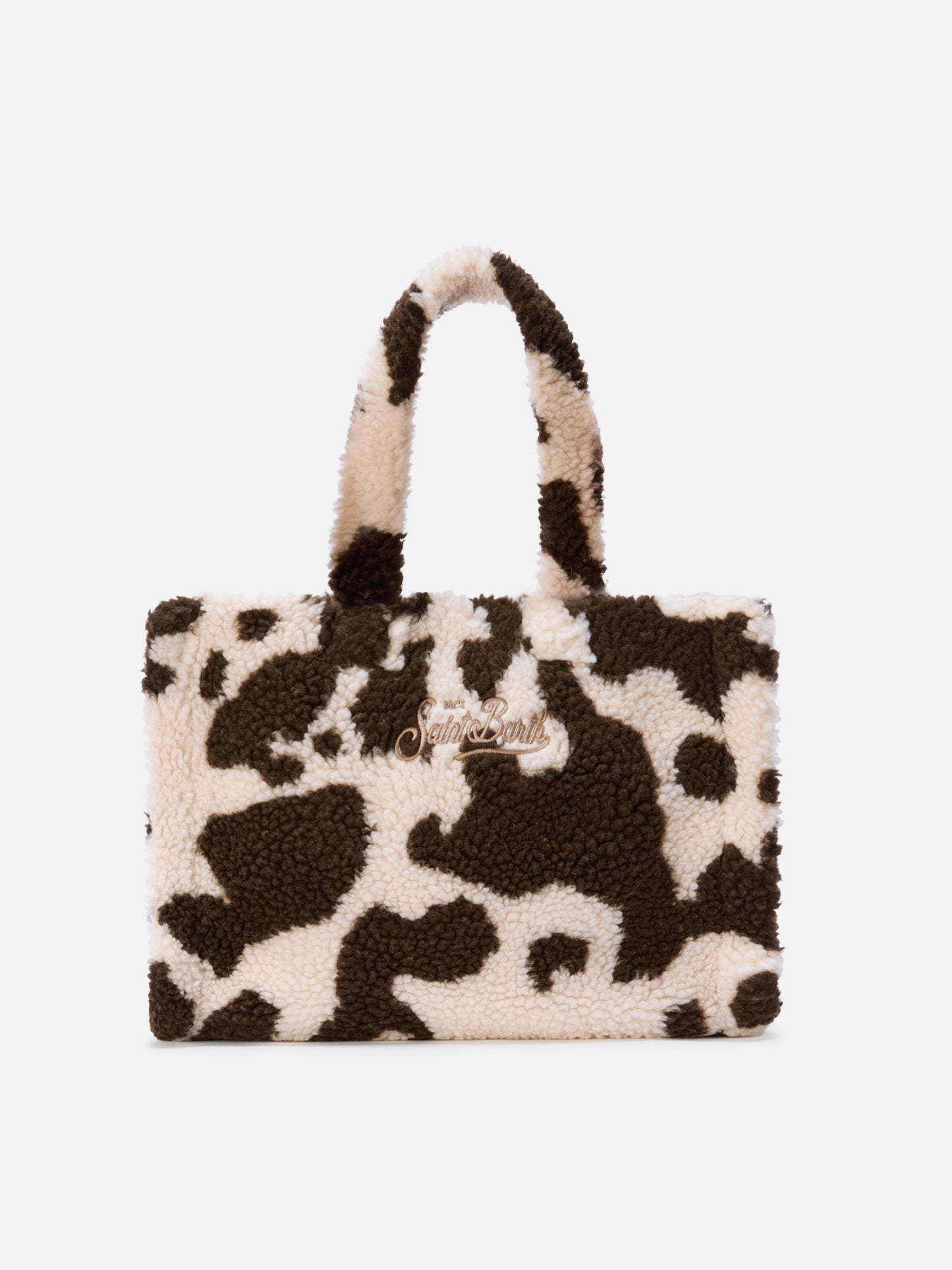Colette Teddy Handbag in cow-print sherpa