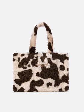 Colette Teddy Handbag in cow-print sherpa