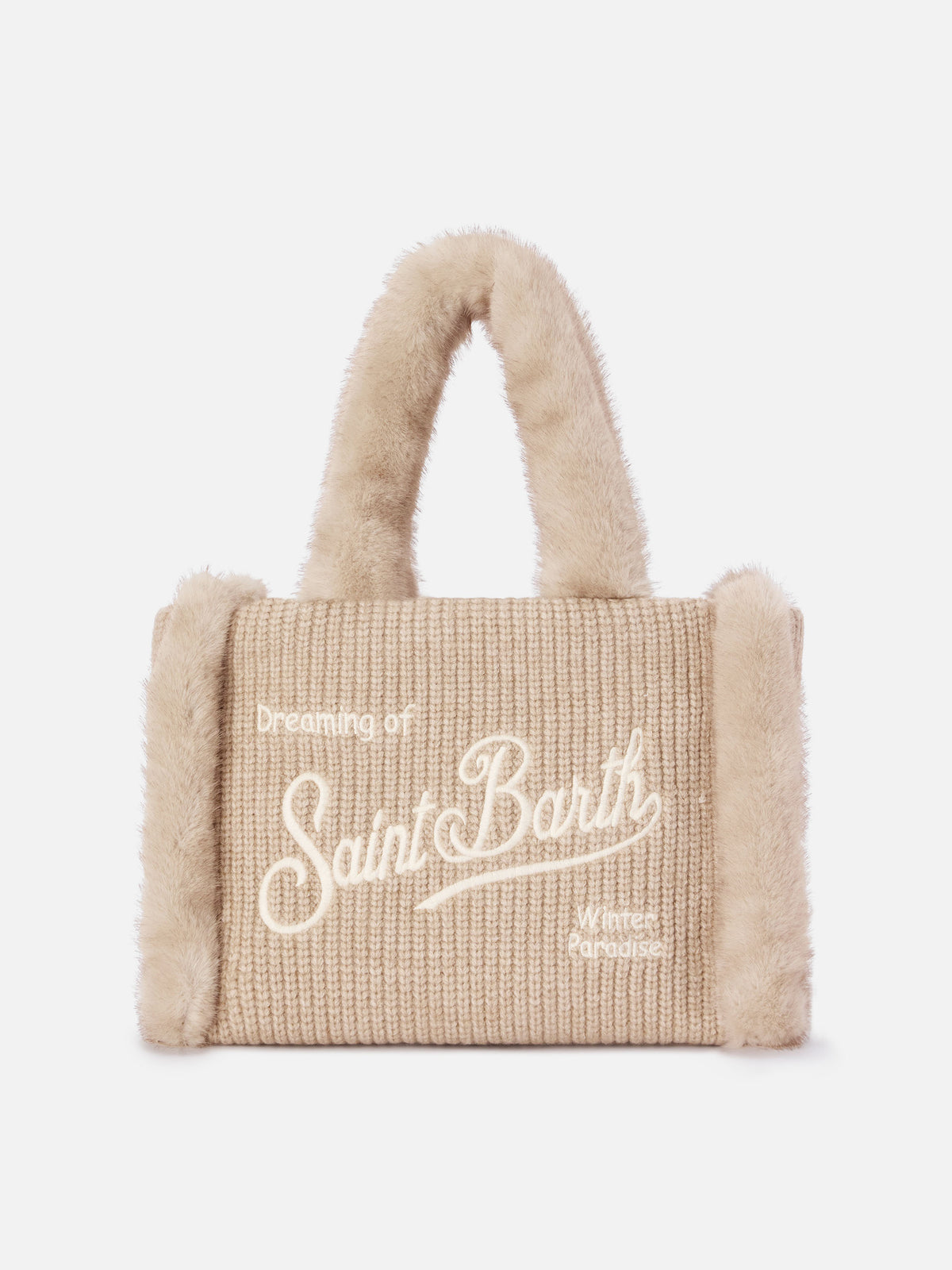 Borsa Colette beige effetto montone a costine con ricamo logo