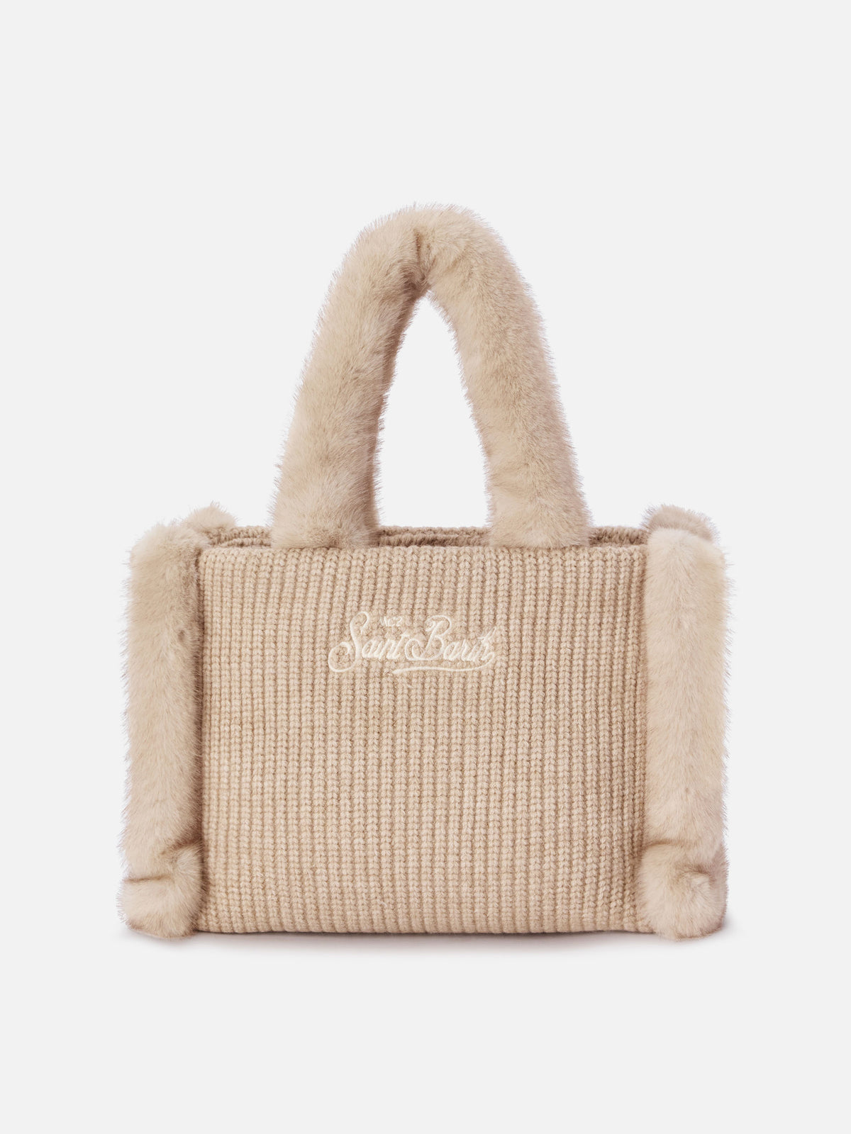 Borsa Colette beige effetto montone a costine con ricamo logo
