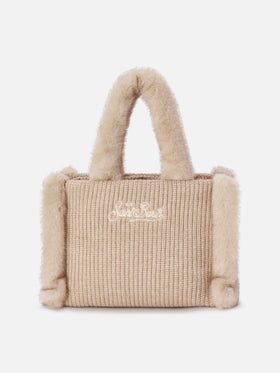Borsa Colette beige effetto montone a costine con ricamo logo