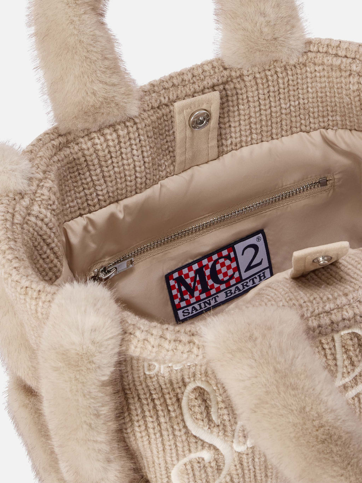Borsa Colette beige effetto montone a costine con ricamo logo