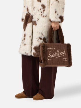 Borsa a mano Colette Shearling Rib in misto lana marrone a coste e shearling