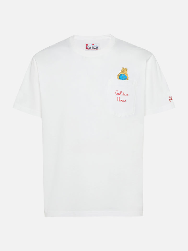 Connor cotton T-shirt in white with Golden hour pocket embroidery