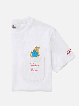 Connor cotton T-shirt in white with Golden hour pocket embroidery