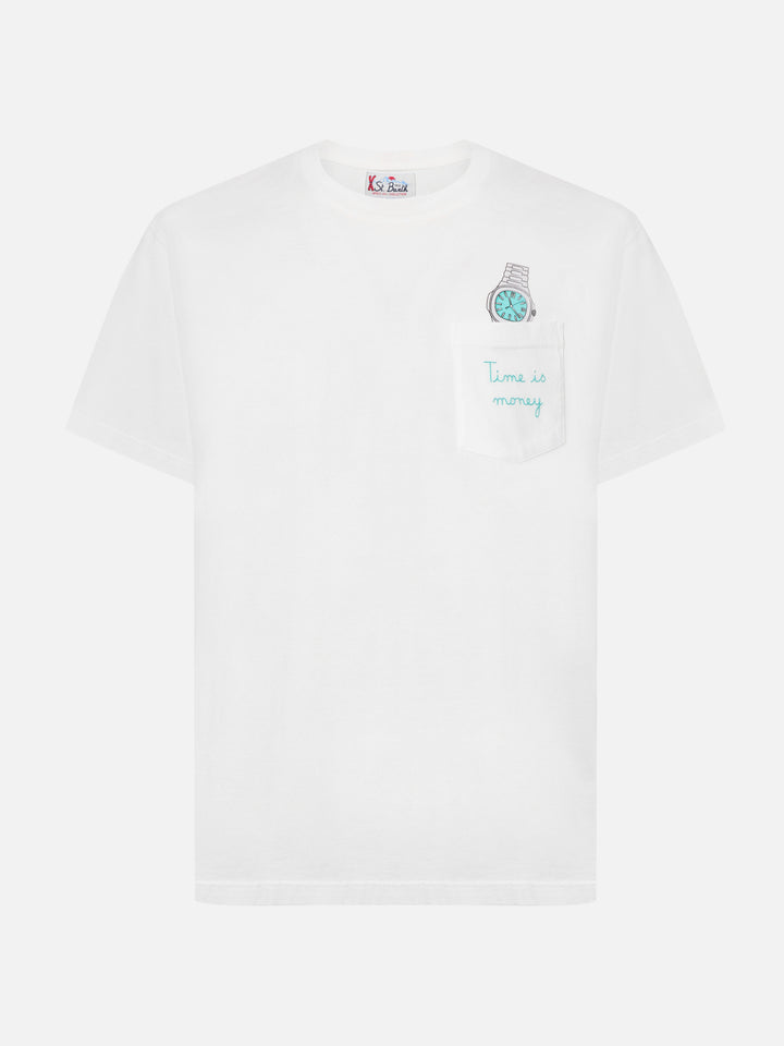 Connor cotton T-shirt in white with Time is Money pocket embroidery