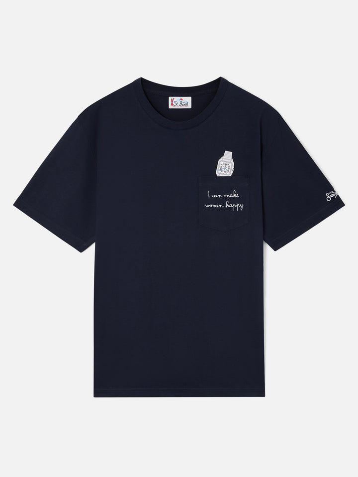 Navy blue Connor cotton t-shirt with watch print and embroidery