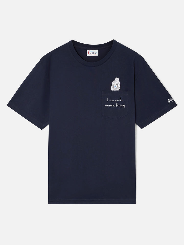 Navy blue Connor cotton t-shirt with watch print and embroidery