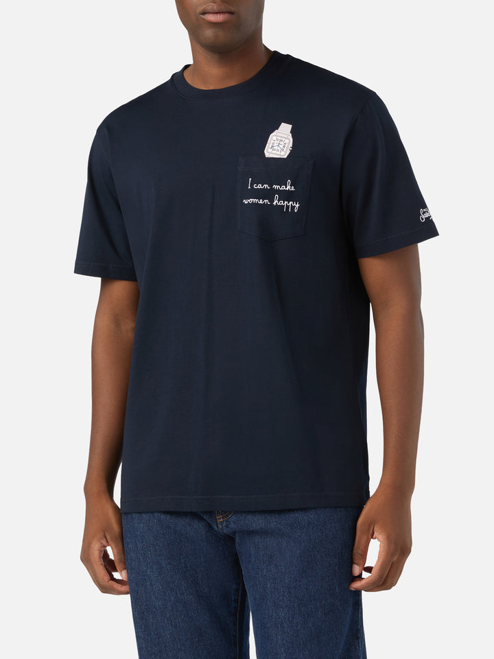 Navy blue Connor cotton t-shirt with watch print and embroidery