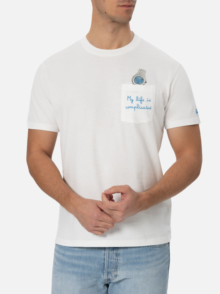 T-shirt bianca in cotone da uomo Connor con ricamo My Life is Complicated