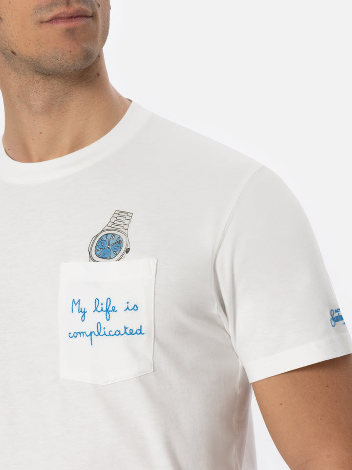 T-shirt bianca in cotone da uomo Connor con ricamo My Life is Complicated
