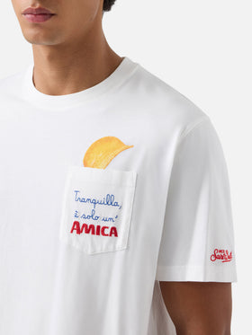 White Connor organic cotton t-shirt with Amica Chips print and embroidery | Special edition