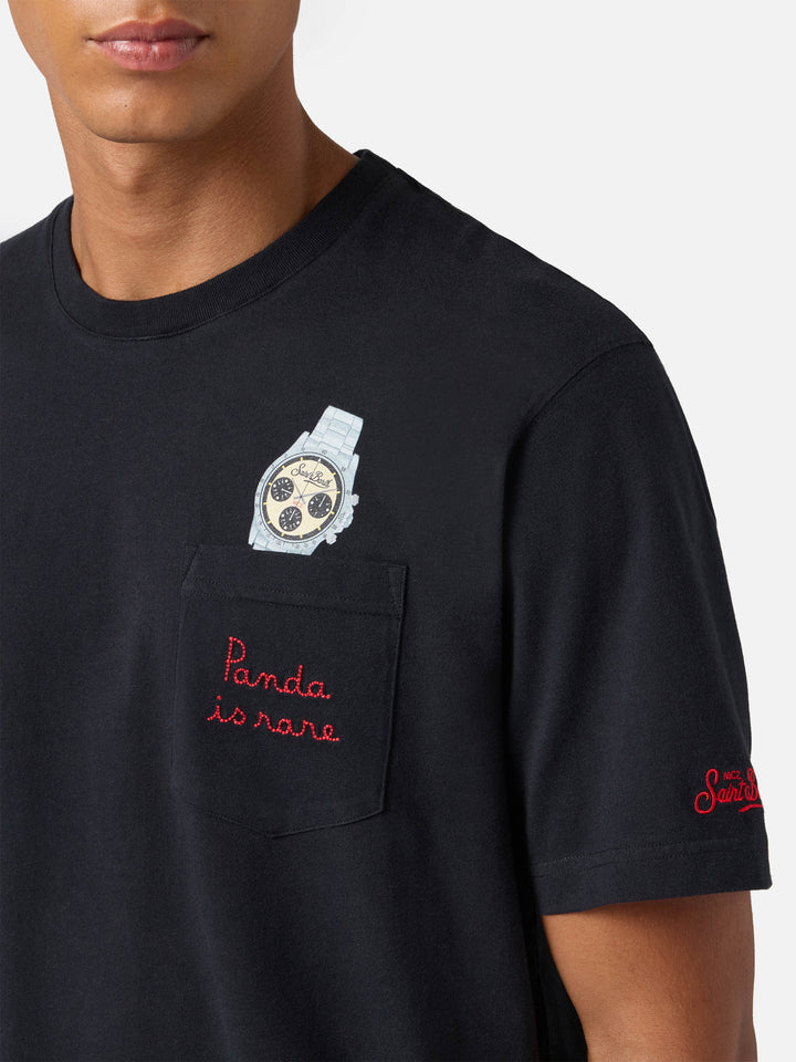 T-shirt Connor in cotone nero con ricamo sul taschino Panda is rare