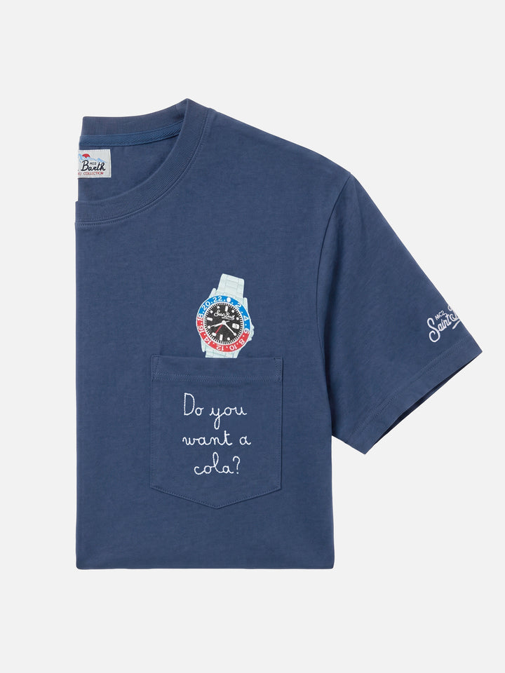 Connor Baumwoll-T-Shirt in Blau mit Taschestickerei „Do you want a cola?“ 