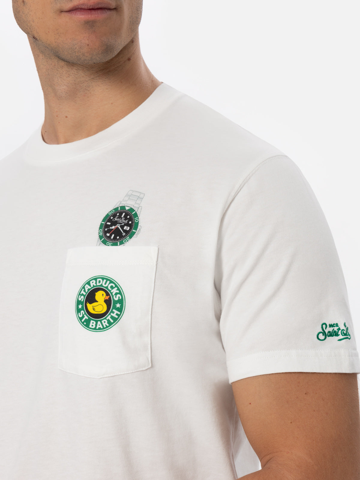 Weißes Baumwoll-T-Shirt für Herren „Connor“ mit Enten- und Uhren-Aufdruck