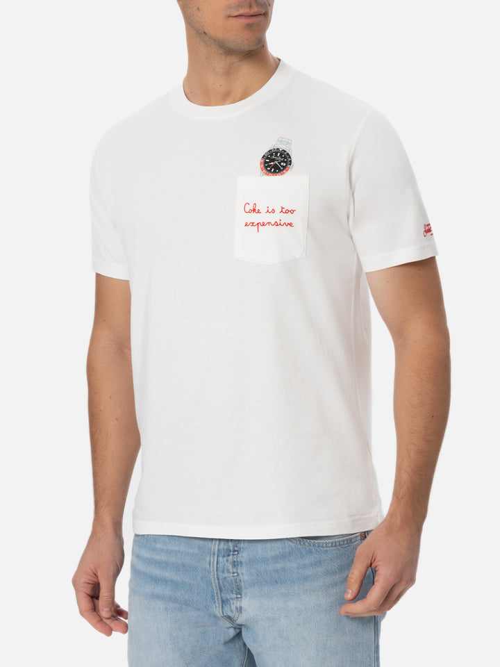 T-shirt bianca da uomo in cotone Connor con ricamo Coke is expensive