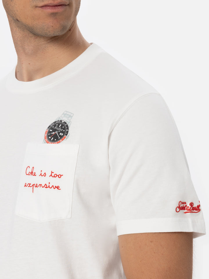 T-shirt bianca da uomo in cotone Connor con ricamo Coke is expensive