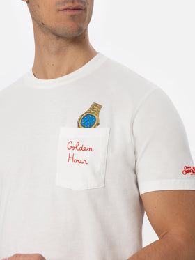 T-shirt da uomo in cotone bianco Connor con ricamo Golden hour