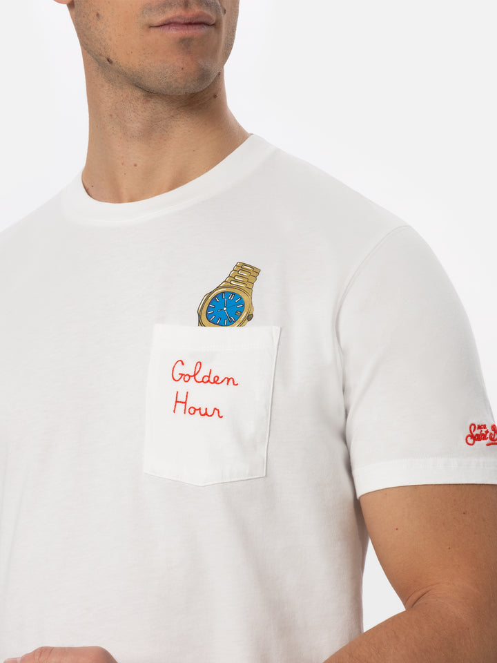 T-shirt da uomo in cotone bianco Connor con ricamo Golden hour