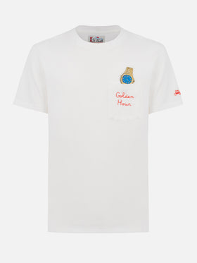 T-shirt da uomo in cotone bianco Connor con ricamo Golden hour