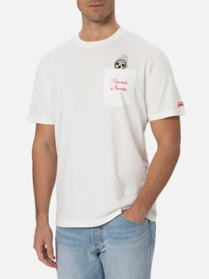 T-shirt bianca da uomo in cotone Connor con ricamo I saved a panda