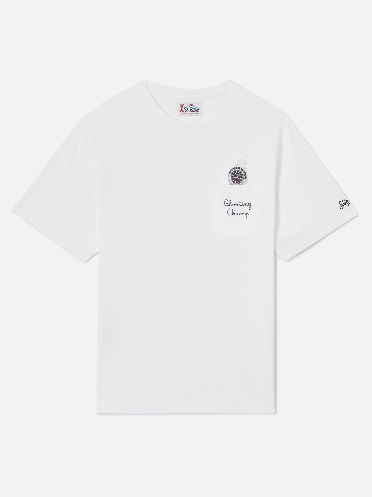 Weißes T-Shirt aus Connor Baumwolle mit Uhren-Print und Ghosting Champ-Stickerei 