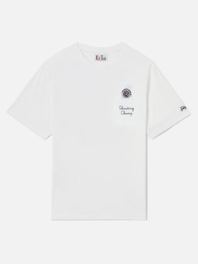 Weißes T-Shirt aus Connor Baumwolle mit Uhren-Print und Ghosting Champ-Stickerei 