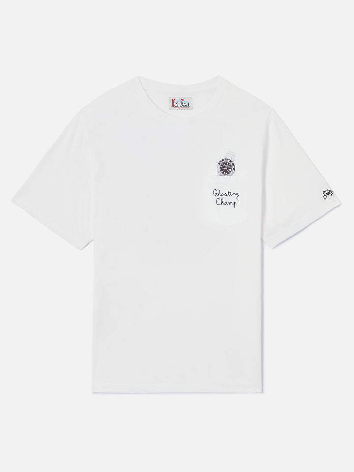 White Connor cotton t-shirt with watch print and Ghosting Champ embroidery