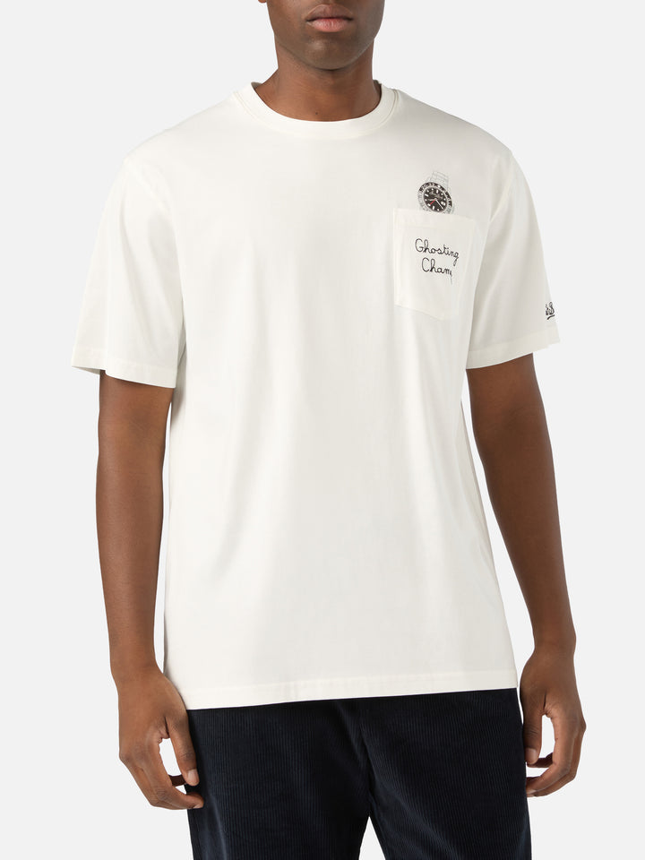 White Connor cotton t-shirt with watch print and Ghosting Champ embroidery