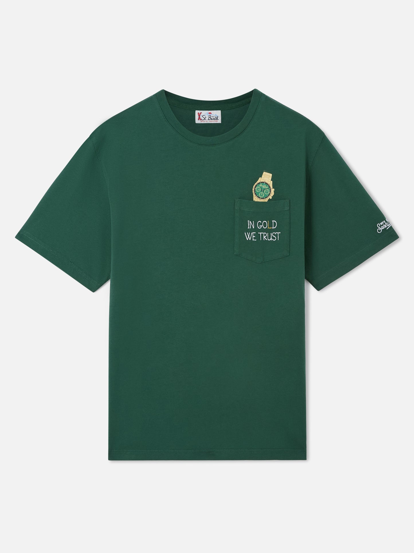 Connor pocket t-shirt in green with In Gold We Trust embroidery