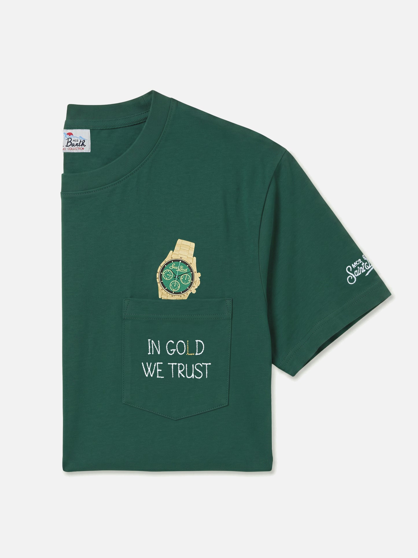 Camiseta con bolsillo Connor en verde con bordado In Gold We Trust 