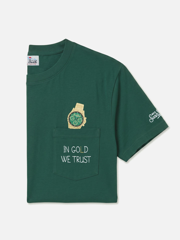 T-shirt girocollo Connor verde con taschino e ricamo In Gold We Trust
