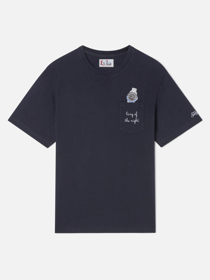 T-shirt blu navy in cotone organico Connor con stampa orologio e ricamo King Of The Night