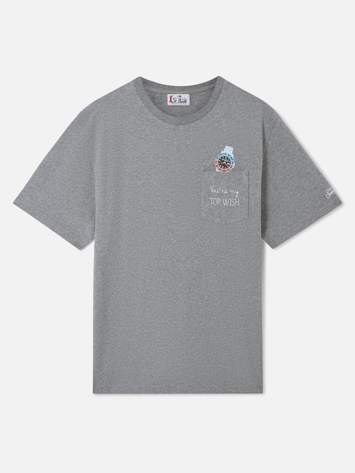 Connor pocket t-shirt in grey with Top Wish embroidery