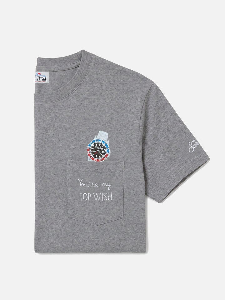 T-shirt girocollo Connor grigia con taschino e ricamo You're my Top Wish