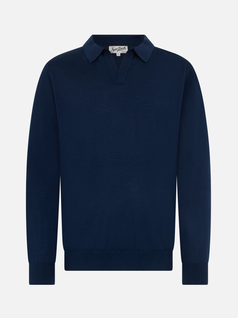 Polo da uomo blu navy in lana merino Covent