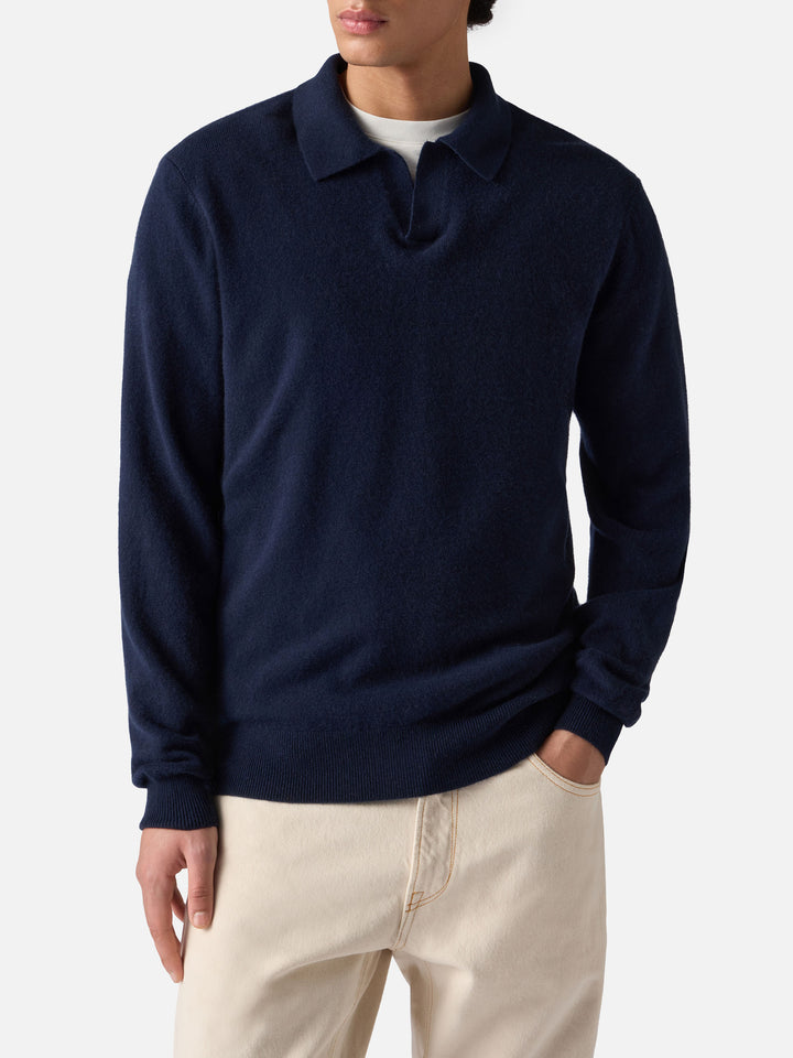 Covent cashmere knit polo in night blue
