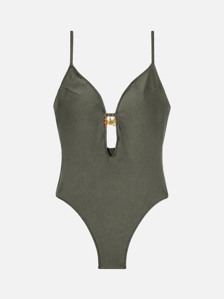 Crunchy one-piece swimsuit in military green glossy finish with charms