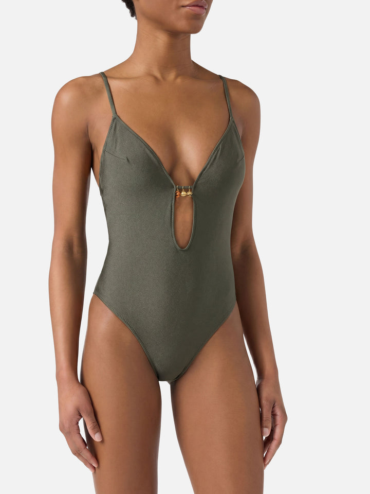 Crunchy one-piece swimsuit in military green glossy finish with charms