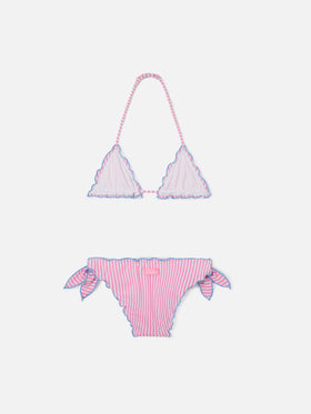 Cris white and pink seersucker striped bikini with ruffled edges