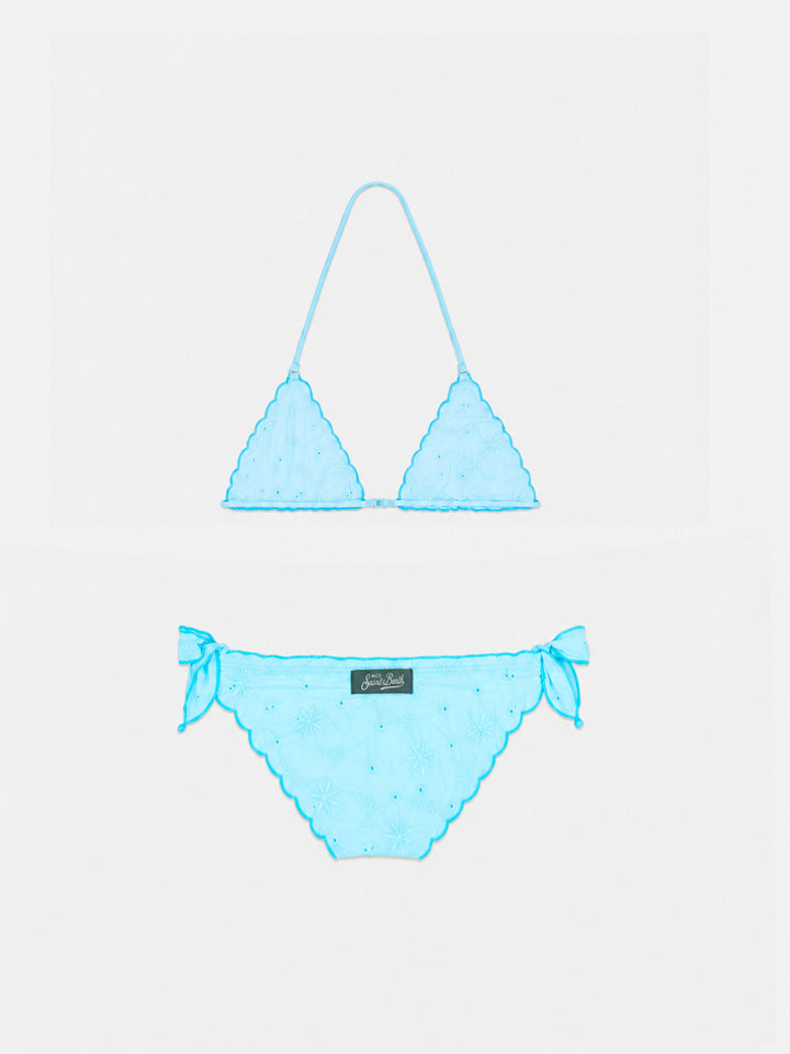 Bikini classico triangolo Cris da bambina verde acqua con ricamo Sangallo